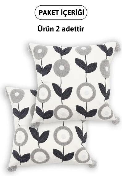 Avis Püsküllü Punch İşlemeli 2'li Kırlent Kılıfı 42x42 - Gri - Resim 5