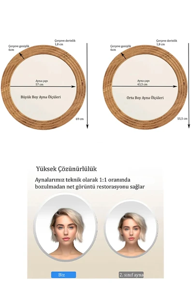Antik Ahşap 2 Li Dekoratif Ayna Seti Yuvarlak Ayna Duvar Aynası Banyo Lavabo Aynası 69 Cm - 56 Cm - 6