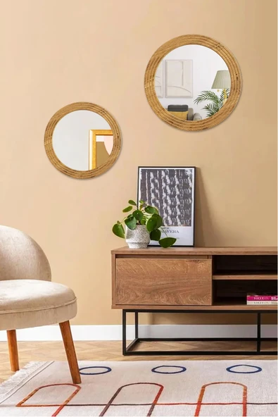 Antik Ahşap 2 Li Dekoratif Ayna Seti Yuvarlak Ayna Duvar Aynası Banyo Lavabo Aynası 56 Cm -43 Cm - 2