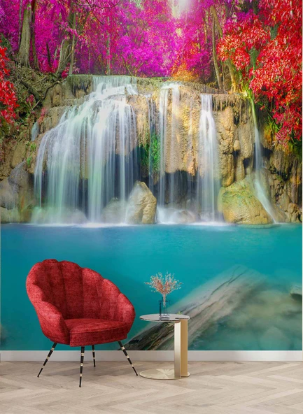 Şelale Kırmızı Çiçek Duvar Kağıdı Baskı - Resim 6