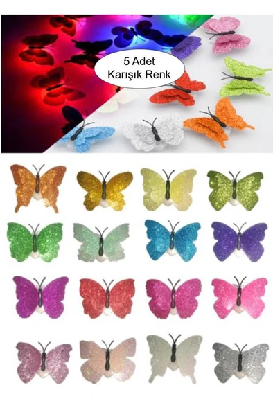 5 Adet Karışık Renk Kelebek Dekor LED Renk Simli Duvar Etiket - 3