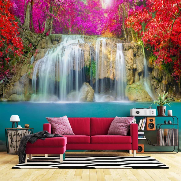 Şelale Kırmızı Çiçek Duvar Kağıdı Baskı ürün görseli