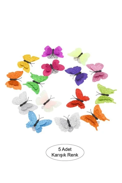 5 Adet Karışık Renk Kelebek Dekor LED Renk Simli Duvar Etiket - 2