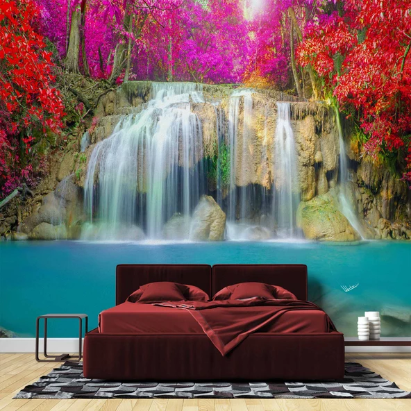 Şelale Kırmızı Çiçek Duvar Kağıdı Baskı - Resim 2