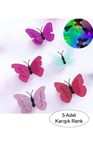 5 Adet Karışık Renk Kelebek Dekor LED Renk Simli Duvar Etiket