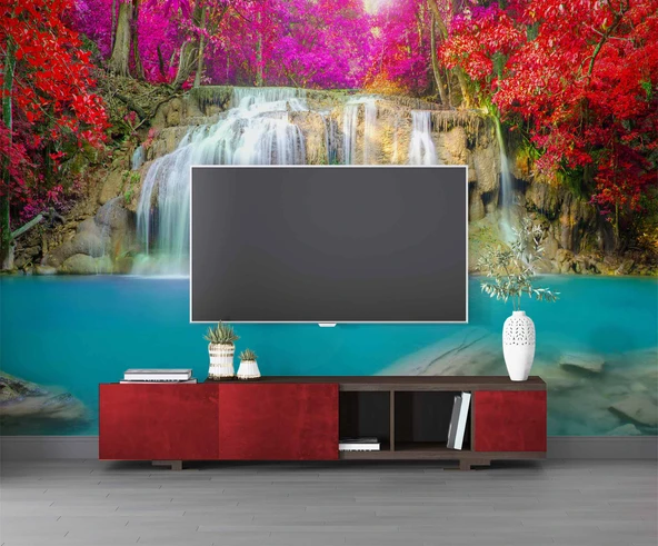 Şelale Kırmızı Çiçek Duvar Kağıdı Baskı - Resim 3