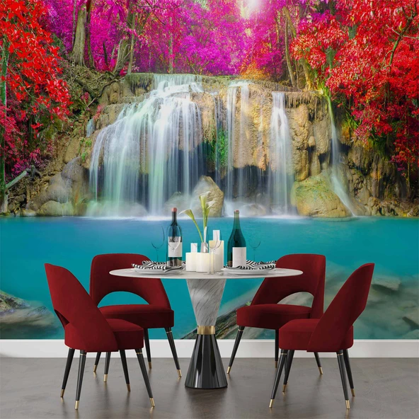 Şelale Kırmızı Çiçek Duvar Kağıdı Baskı - Resim 5