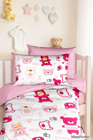 Dijital Baskılı 3d Pamuklu Yenidoğan Bebek Nevresim Takımı Bear Toy Pink - 3