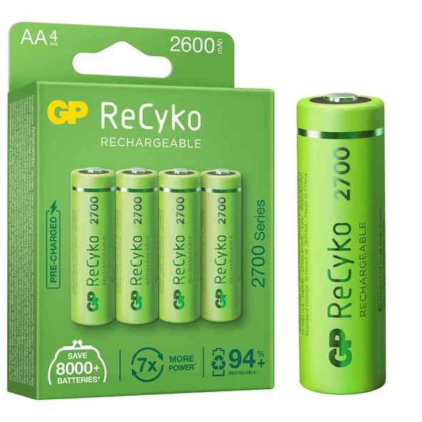 Gp Recyko AA Kalem Pil 2600 Mah Şarjlı 4 lü Pil Şarj Edilebilir Pil