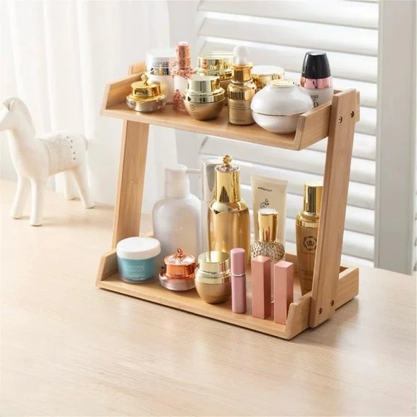 Ahşap 2 Katlı Çok Amaçlı Masaüstü Raf, Makyaj Takı Bakım Ürünleri Organizeri, Baharatlık Mutfak Düzenleyici Raf - 3
