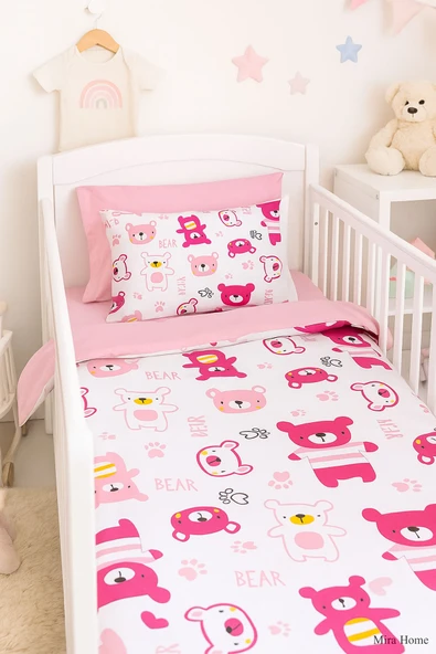 Dijital Baskılı 3d Pamuklu Yenidoğan Bebek Nevresim Takımı Bear Toy Pink - 2