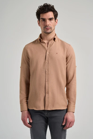 Camel Kısalabilir Kol Düz Gabardin Düğmeli Yaka Cepsiz Casual Slim Fit Gömlek 1004250124_595