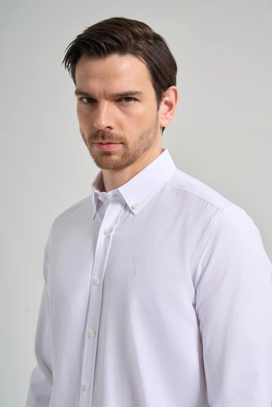 Uzun Kol Düz Oxford Düğmeli Yaka Cepsiz Pamuklu Classic Slim Fit Gömlek 1004250168 - Resim 4