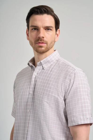 Kısa Kol Kareli Desen Bez Ayağı Düğmeli Yaka cepli Pamuklu Classic Comfort Fit Gömlek 1004250165 - Resim 4