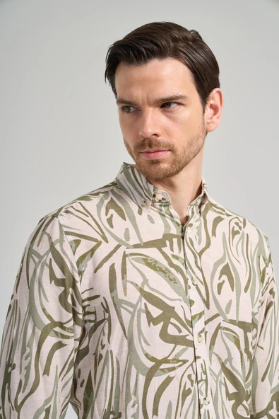 Koyu Haki Uzun Kol Baskılı Düğmeli Yaka Cepsiz Casual Slim Fit Gömlek 1004250138 - Resim 4