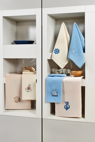 Upstyle 6'lı Nakışlı Kurulama Peçetesi Seti 40x60 Cm Krem Mavi %100 Pamuk Yumuşak ve Emici - 2