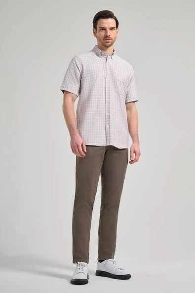 Kısa Kol Kareli Desen Bez Ayağı Düğmeli Yaka cepli Pamuklu Classic Comfort Fit Gömlek 1004250165 - Resim 2