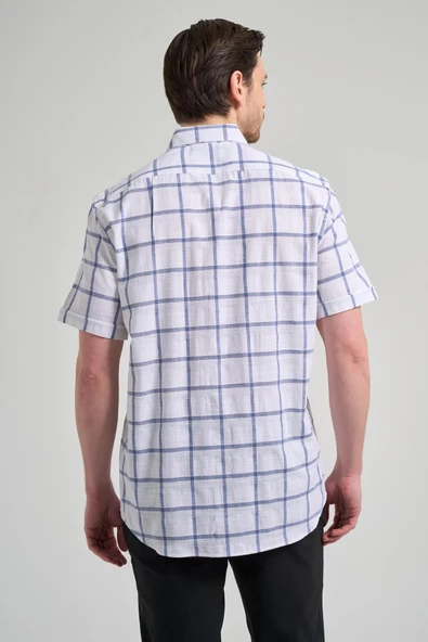 Kısa Kol Ekose Desen Armürlü Düğmeli Yaka cepli Pamuklu Classic Comfort Fit Gömlek 1004250166 - Resim 5