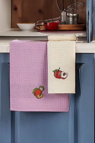 Upstyle 6'lı Nakışlı Kurulama Peçetesi Seti 40x60 cm Pembe-Lila %100 Pamuk Yumuşak ve Emici - 3