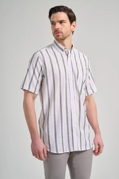 Kısa Kol Çizgili Desen Bez Ayağı Düğmeli Yaka cepli Pamuklu Casual Comfort Fit Gömlek 1004250167 - 3