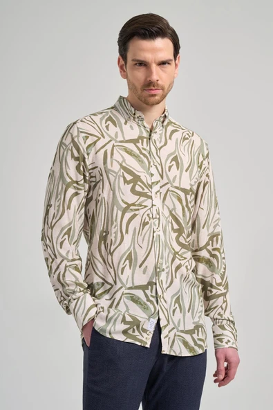 Koyu Haki Uzun Kol Baskılı Düğmeli Yaka Cepsiz Casual Slim Fit Gömlek 1004250138 - Resim 3