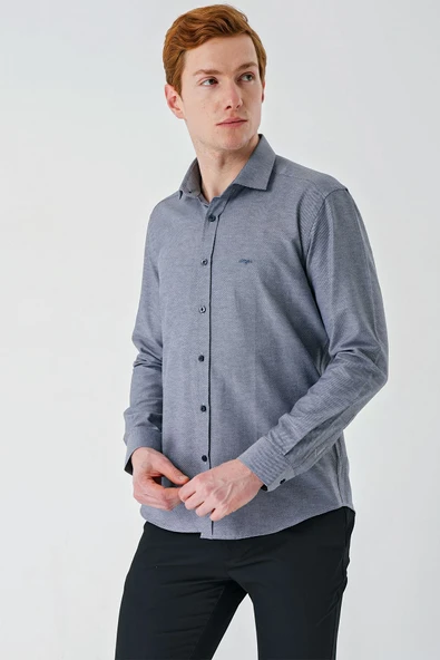 Gri Uzun Kollu Oxford Cepsiz Pamuklu Klasik Slim Fit Dar Kesim Gömlek 1004240235