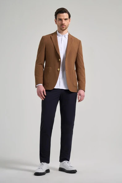 Çizgili Desen Gofreli Mono Yaka Esnek 6 Drop Slim Fit Ceket 1002250122 - Resim 2