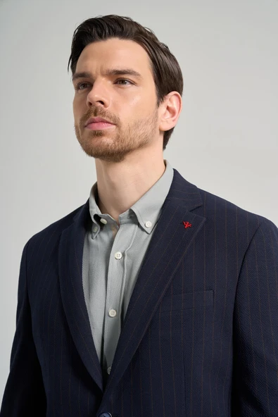 Çizgili Desen Gofreli Mono Yaka Esnek 6 Drop Slim Fit Ceket 1002250122 - Resim 4