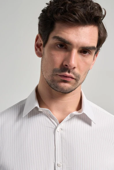 Beyaz Uzun Kol Desen Yarım İtalyan Yaka Cepsiz esnek Classic Slim Fit Gömlek 1004245220 - Resim 4