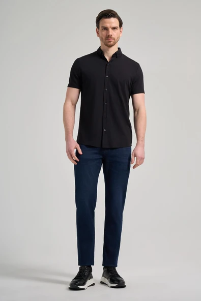 Siyah Kısa Kol Düz Örme İtalyan Yaka Düğmeli Cepsiz Pamuklu Classic Slim Fit Gömlek 1004250156_001 - Resim 3