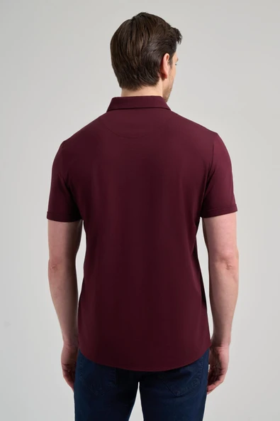Bordo Kısa Kol Düz Örme İtalyan Yaka Düğmeli Cepsiz Pamuklu Classic Slim Fit Gömlek 1004250156_900 - Resim 5
