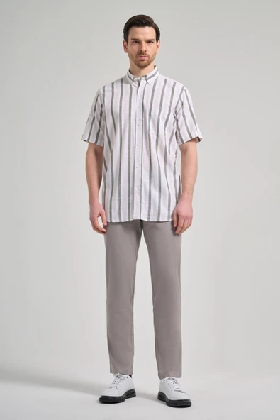 Kısa Kol Çizgili Desen Bez Ayağı Düğmeli Yaka cepli Pamuklu Casual Comfort Fit Gömlek 1004250167 - 2