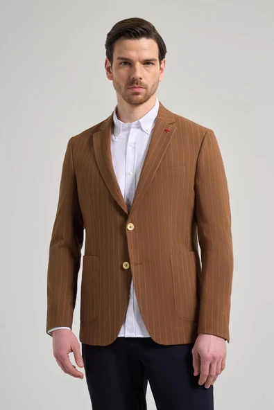 Çizgili Desen Gofreli Mono Yaka Esnek 6 Drop Slim Fit Ceket 1002250122 - Resim 3