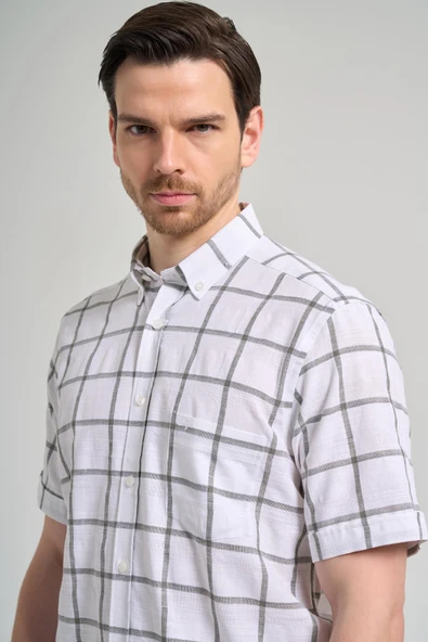 Kısa Kol Ekose Desen Armürlü Düğmeli Yaka cepli Pamuklu Classic Comfort Fit Gömlek 1004250166 - Resim 4