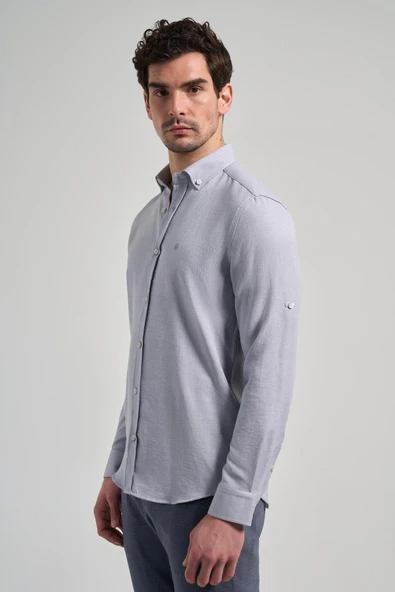 Gri Kısalabilir Kol Düz Gabardin Düğmeli Yaka Cepsiz Casual Slim Fit Gömlek 1004250124_100 - Resim 3