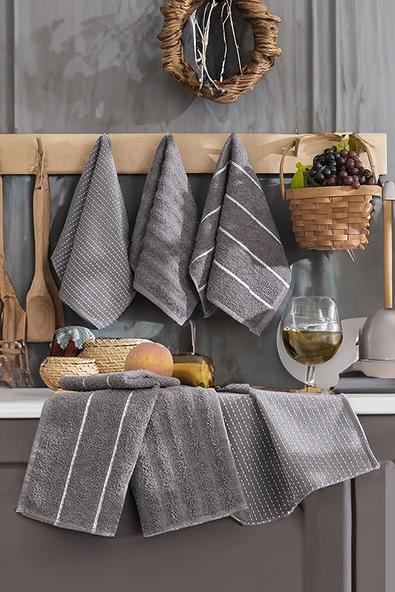 Upstyle 6'lı Nakışlı Kurulama Peçetesi Seti  30x50 cm Antrasit  %100 Pamuk Yumuşak ve Emici - 2