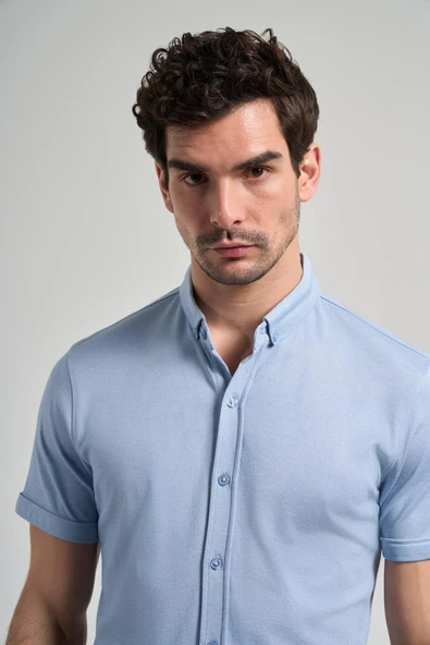 Koyu Mavi Uzun Kol Düz Örme Düğmeli Yaka Cepsiz Pamuklu Classic Slim Fit Gömlek 1004250152_300 - Resim 4