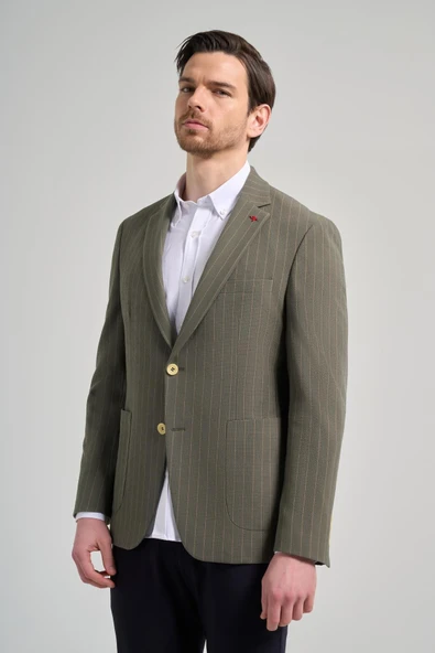 Çizgili Desen Gofreli Mono Yaka Malzemesiz Esnek 6 Drop Slim Fit Ceket 1002250122 - Resim 3