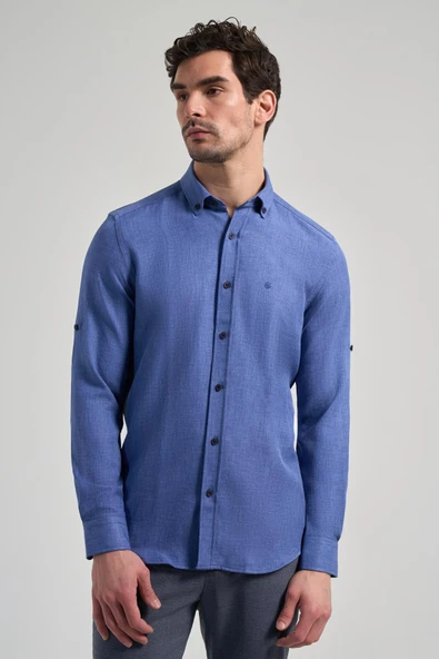 İndigo Mavi Kısalabilir Kol Düz Gabardin Düğmeli Yaka Cepsiz Casual Slim Fit Gömlek 1004250124_320