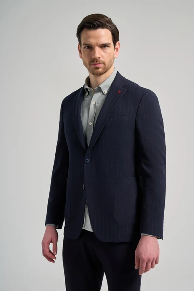 Çizgili Desen Gofreli Mono Yaka Esnek 6 Drop Slim Fit Ceket 1002250122 - Resim 3