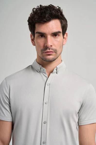 Gri Uzun Kol Düz Örme Düğmeli Yaka Cepsiz Pamuklu Classic Slim Fit Gömlek 1004250152_100 - Resim 4