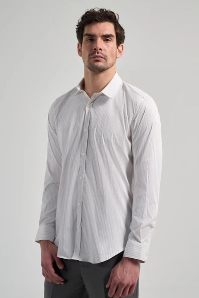 Beyaz Uzun Kol Desen Yarım İtalyan Yaka Cepsiz esnek Classic Slim Fit Gömlek 1004245220 - Resim 3