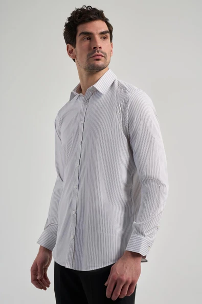 Beyaz Uzun Kol Desen Yarım İtalyan Yaka Cepsiz esnek Classic Slim Fit Gömlek 1004245220 - Resim 3