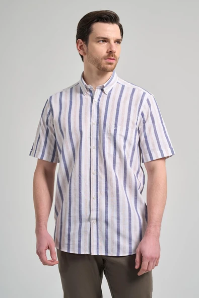 Kısa Kol Çizgili Desen Bez Ayağı Düğmeli Yaka cepli Pamuklu Casual Comfort Fit Gömlek 1004250167