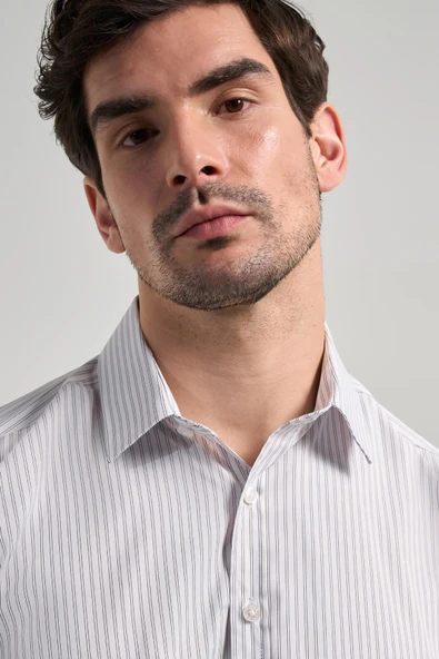 Beyaz Uzun Kol Desen Yarım İtalyan Yaka Cepsiz esnek Classic Slim Fit Gömlek 1004245220 - Resim 4