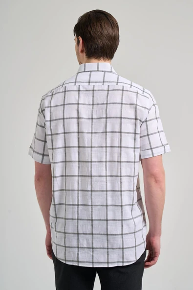 Kısa Kol Ekose Desen Armürlü Düğmeli Yaka cepli Pamuklu Classic Comfort Fit Gömlek 1004250166 - Resim 5
