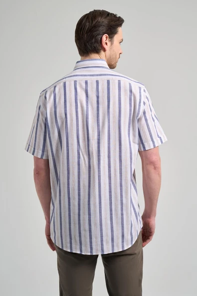 Kısa Kol Çizgili Desen Bez Ayağı Düğmeli Yaka cepli Pamuklu Casual Comfort Fit Gömlek 1004250167 - Resim 5