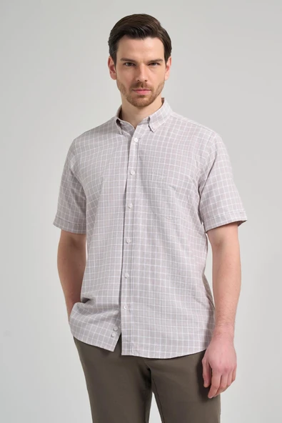 Kısa Kol Kareli Desen Bez Ayağı Düğmeli Yaka cepli Pamuklu Classic Comfort Fit Gömlek 1004250165 - Resim 3