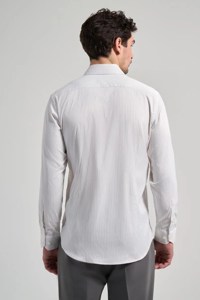 Beyaz Uzun Kol Desen Yarım İtalyan Yaka Cepsiz esnek Classic Slim Fit Gömlek 1004245220 - Resim 5