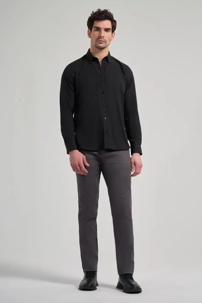 Uzun Kol Düz Oxford Düğmeli Yaka Cepsiz Pamuklu Classic Slim Fit Gömlek 1004250168 - Resim 2